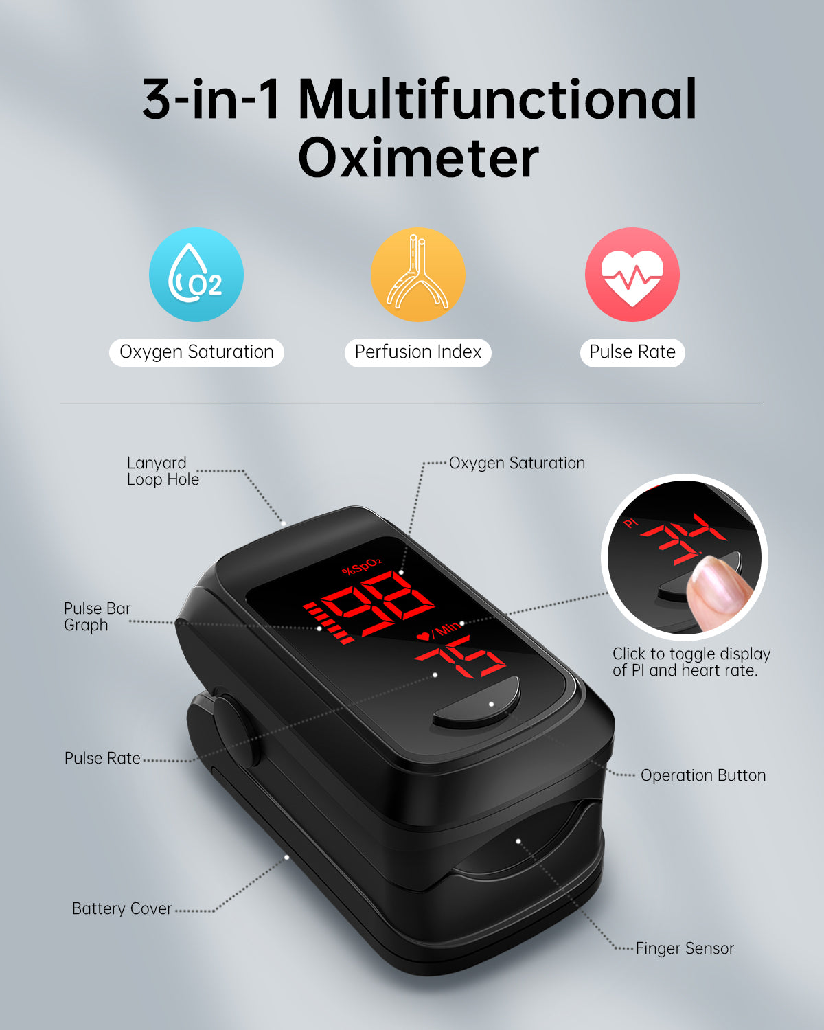 Bluetooth LED Fingertip Pulse Oximeter Black