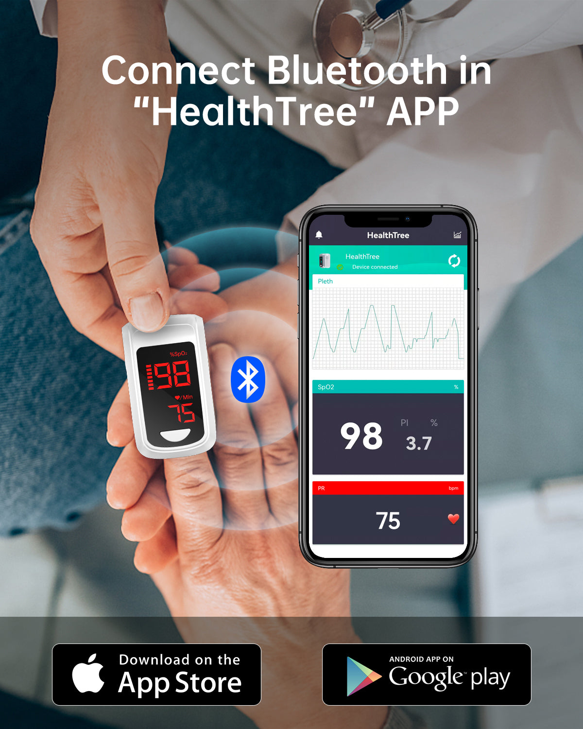 Bluetooth LED Fingertip Pulse Oximeter White