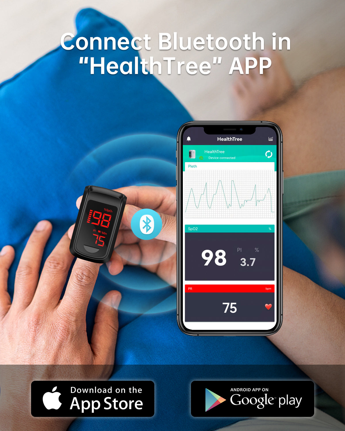 Bluetooth LED Fingertip Pulse Oximeter Black