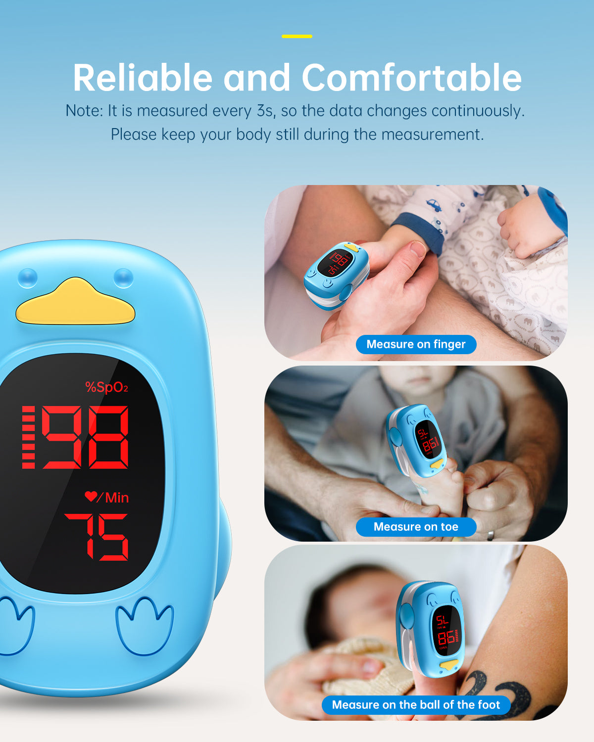 Bluetooth LED Children Fingertip Pulse Oximeter Blue