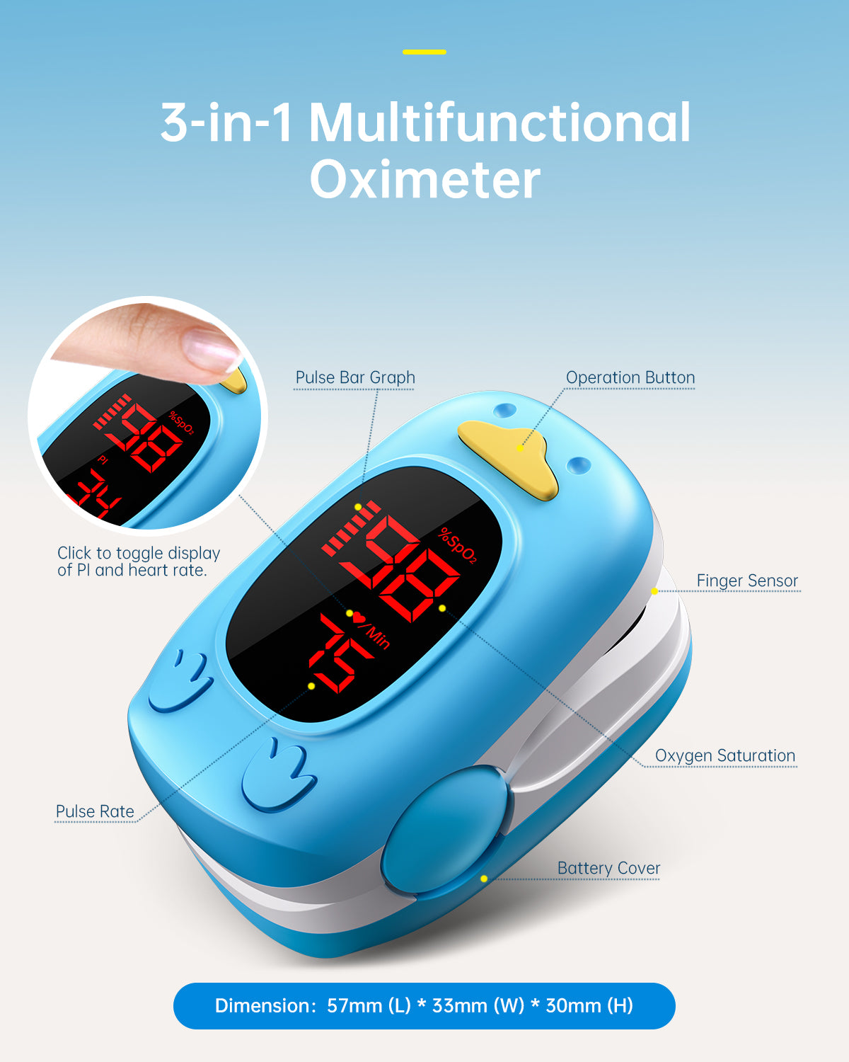 Bluetooth LED Children Fingertip Pulse Oximeter Blue